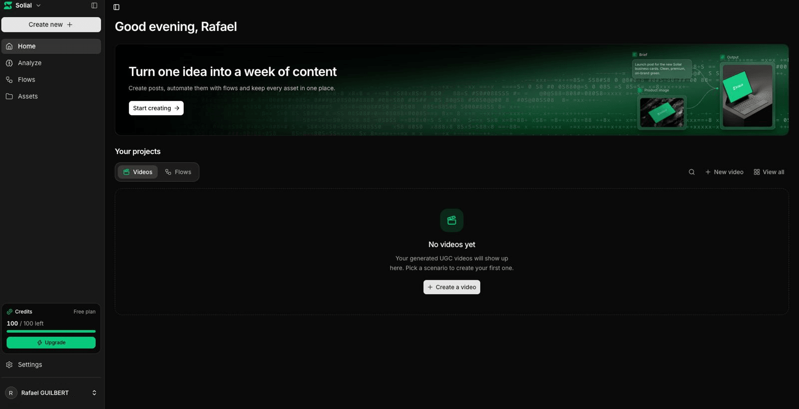 Accueil de l'application Solial : création de contenu, projets vidéo et crédits
